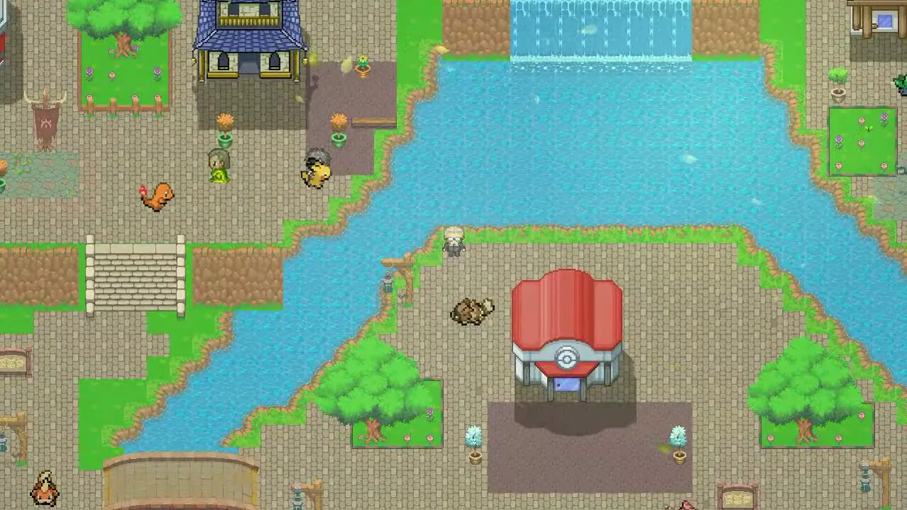A trainer exploring Aura Town, with Pokemon, bridges and animated waterways